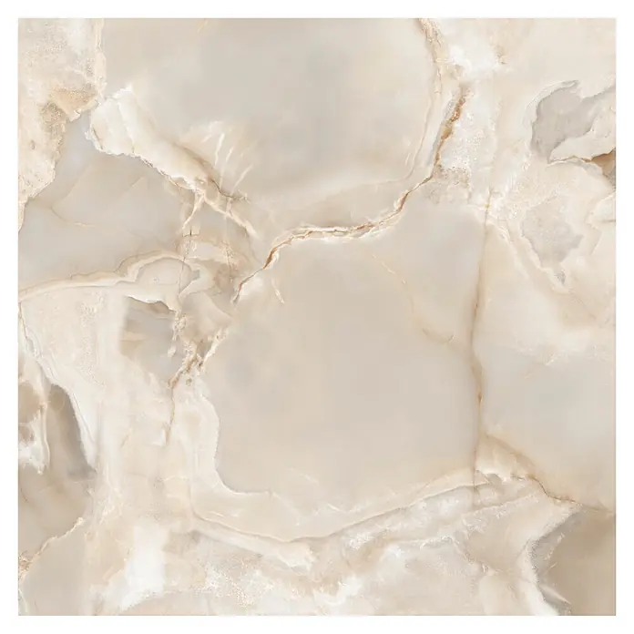 Feinsteinzeugfliese Onyx Freedom - 60 x 60 cm, Beige, Glänzend - Helle beigefarbene Fliese in Marmoroptik mit zarten natürlichen Maserungen, geeignet für Wände oder Böden.