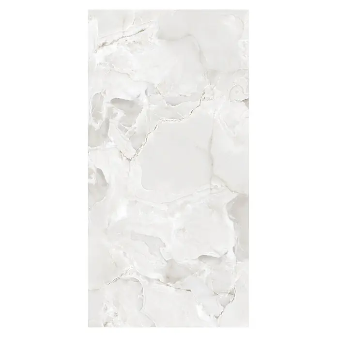 Feinsteinzeugfliese Onyx Freedom - 60 x 120 cm, White, Glänzend - Rechteckige, hellbeige Marmoroptikfliese mit dezenter grauer und brauner Maserung.