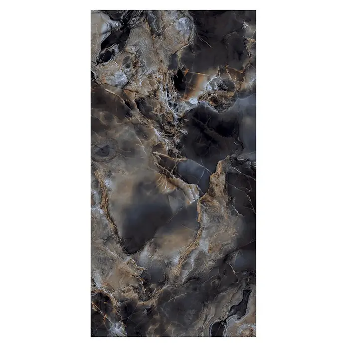 Feinsteinzeugfliese Onyx Freedom - 60 x 120 cm, Black, Glänzend - Dunkle Onyx-Optik Marmorplatte mit eleganten weißen, grauen und goldenen Adern, ideal für luxuriöse Oberflächen.