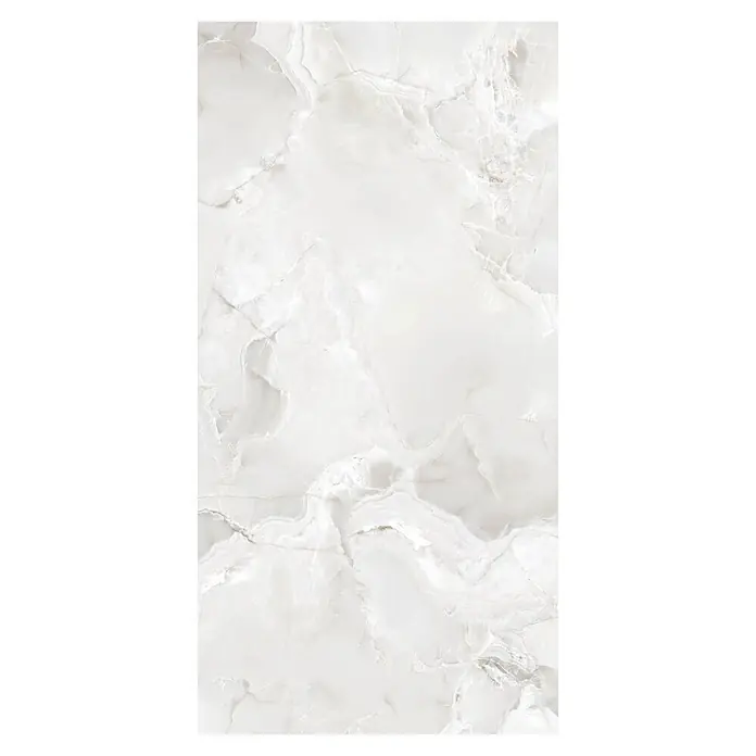 Feinsteinzeugfliese Onyx Freedom - 60 x 120 cm, White, Glänzend - Weißer Marmor mit subtiler grauer und hellbrauner Maserung.