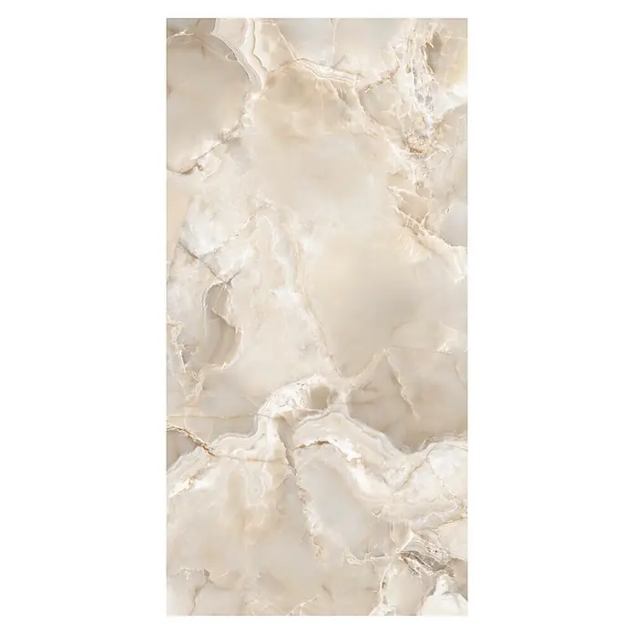 Feinsteinzeugfliese Onyx Freedom - 60 x 120 cm, Beige, Glänzend - Helle beige Marmorplatte mit natürlicher Maserung und durchscheinenden Mustern.