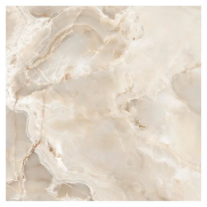 Feinsteinzeugfliese Onyx Freedom - 60 x 60 cm, Beige, Glänzend - Heller beiger Naturstein mit wirbelnden, durchscheinenden Mustern und feinen braunen Adern.
