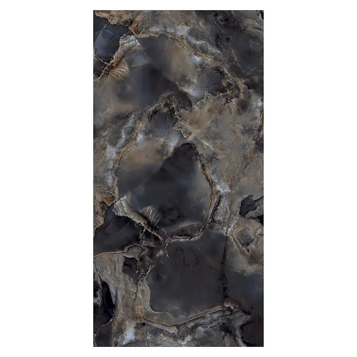 Feinsteinzeugfliese Onyx Freedom - 60 x 120 cm, Black, Glänzend - Dunkle Natursteinplatte mit schwarzen, grauen, braunen und weißen Maserungen.