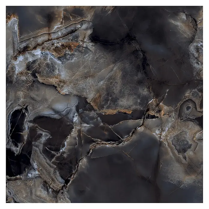 Feinsteinzeugfliese Onyx Freedom - 60 x 60 cm, Black, Matt - Dunkle Onyx-Marmorplatte mit komplexer schwarzer, grauer, weißer und brauner Maserung.