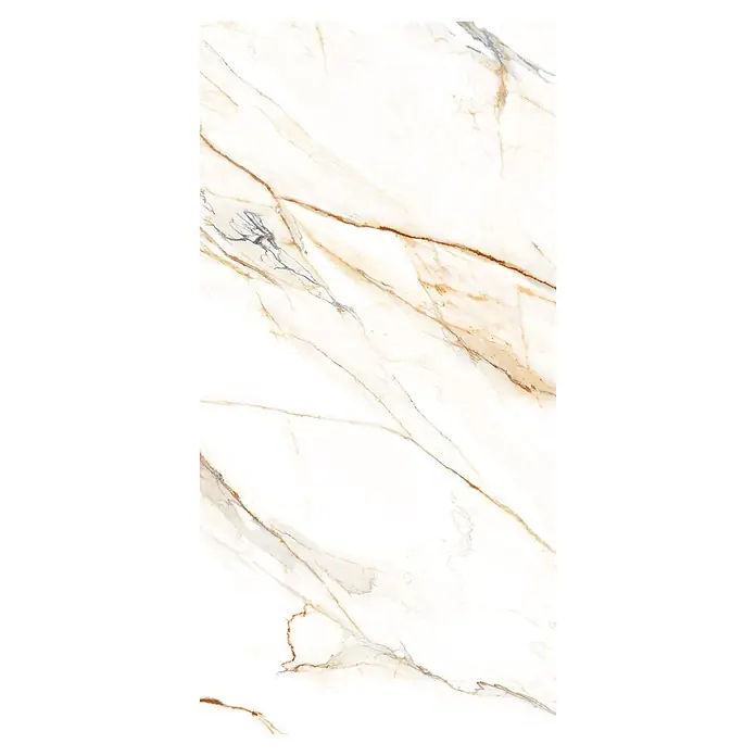 Feinsteinzeugfliese Venet - 60 x 120 cm, Weiss/Gold, Matt - Weiße Marmorplatte mit diagonalen braunen und grauen Maserungen.