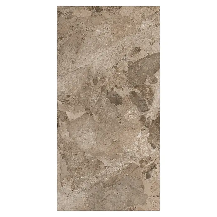 Feinsteinzeugfliese Peru - 60 x 120 cm, Taupe, Matt - Beige-braune Natursteinfliese mit unregelmäßiger Maserung und fragmentierten Mustern, für Boden oder Wände.