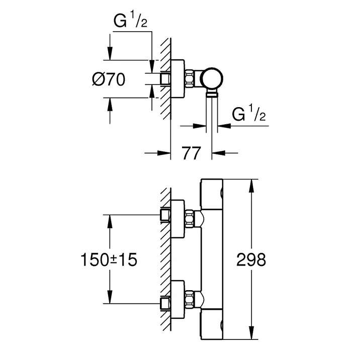 Grohe Grohtherm 1000 Cosmopolitan Grifo con termostato - Súper acero, Mate - Dibujo técnico de un grifo o mezclador de pared con conexiones G 1/2, mostrando las dimensiones de instalación y el espaciado ajustable de tuberías.
