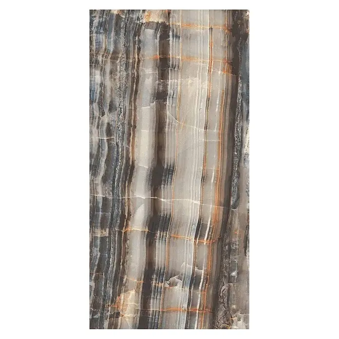 Feinsteinzeugfliese Rainbow - 60 x 120 cm, Dark, Glänzend - Polierte Natursteinplatte mit markanten vertikalen Adern in Weiß, Grau, Schwarz und Rostorange.