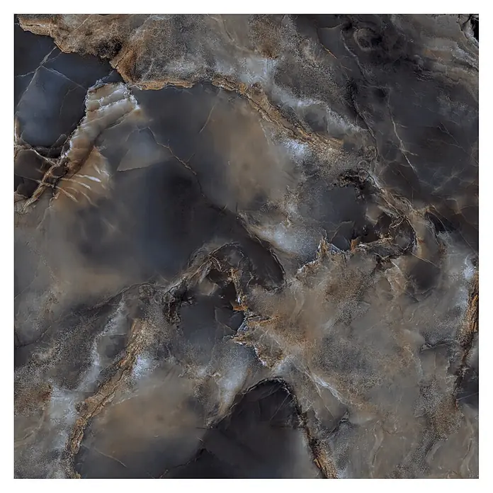 Feinsteinzeugfliese Onyx Freedom - 60 x 60 cm, Black, Glänzend - Dunkle, polierte Marmoroptik-Fliese mit goldbraunen und weißen Adern.