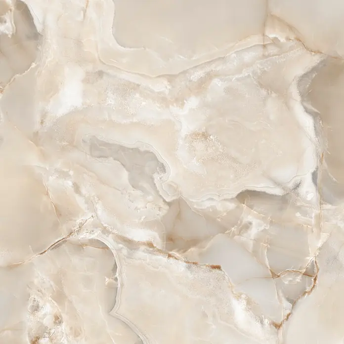 Feinsteinzeugfliese Onyx Freedom - 60 x 120 cm, Beige, Matt - Elegante beige Onyx-Textur mit fließenden weißen und braunen Adern, geeignet für Oberflächen.