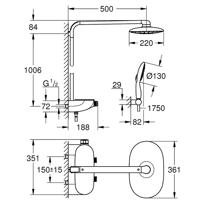 Grohe Rainshower SmartControl Sistema de ducha - Con grifería termostática, Distancia entre orificios: 100,6 cm, Número de tipos de chorro: 1 ud., Cromo, Moon White - Dibujo técnico de un sistema de ducha con rociador de 220mm, teleducha de 130mm y manguera de 1750mm, con dimensiones y detalles.
