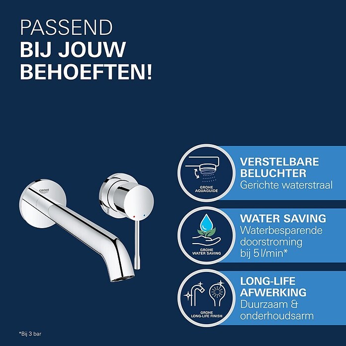 Grohe Essence Wastafelmengkraan, wandmodel (2-gats, Chroom, Glanzend)