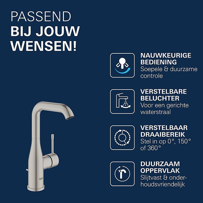 Grohe Essence New Wastafelkraan (Met trekstang, Supersteel, Glanzend)