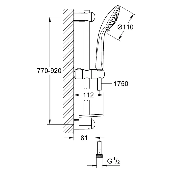 Grohe Euphoria 110 Conjunto de ducha - Distancia entre orificios: 77 cm - 92 cm, Tipos de chorro: Chorro de lluvia, chorro de masaje, SmartRain, Cromo - Dibujo técnico de una barra de ducha con teleducha Ø110mm, flexo 1750mm y conexión G 1/2. Barra ajustable 770-920mm.