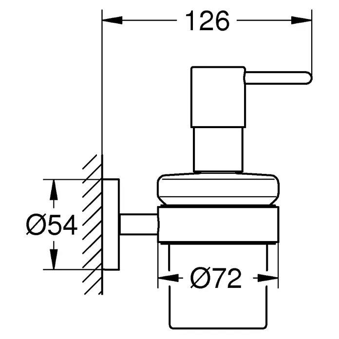 Grohe Essentials Dispensador de jabón - Súper acero - Dibujo técnico de un dispensador de jabón mural, dimensiones: 126mm largo, soporte de pared Ø54mm, dispensador Ø72mm.