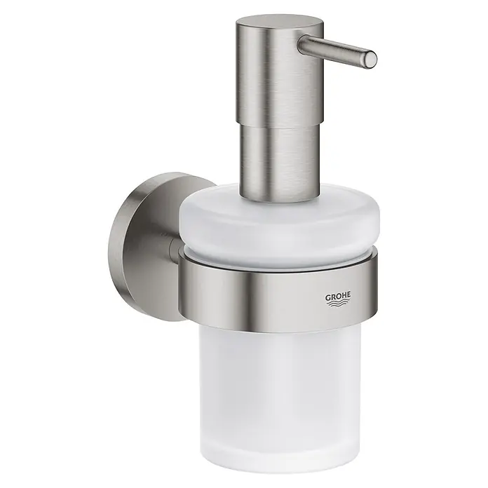 Grohe Essentials Dispensador de jabón - Súper acero - Dispensador de jabón GROHE de pared con bomba de metal cepillado y depósito blanco esmerilado.