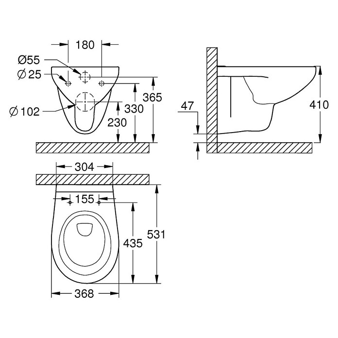 Grohe Wand-WC Bau Keramik (Spülrandlos, Ohne Spezialglasur, Spülform: Tief, WC Abgang: Waagerecht, Weiß) | BAUHAUS