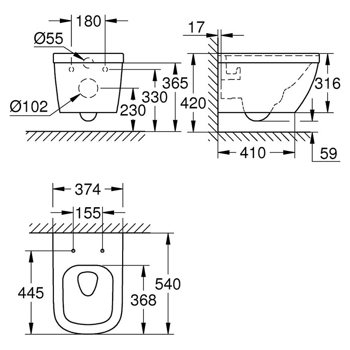 Grohe Euro Keramik Hangend Toilet Spoelrandloos  Typ 2 (Zonder coating, Diepspoeler, Wit)