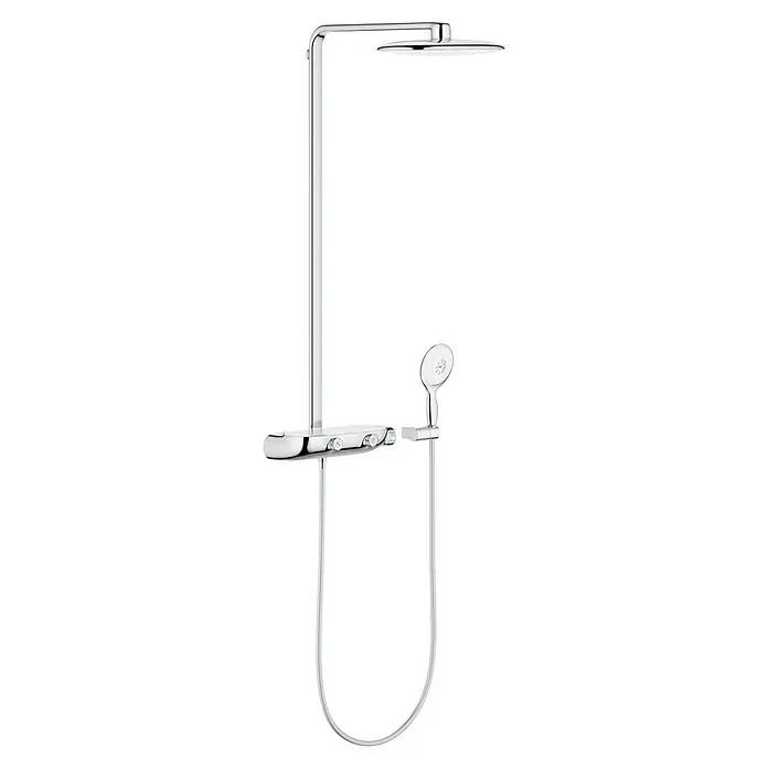 Grohe Rainshower SmartControl Sistema de ducha - Con grifería termostática, Distancia entre orificios: 100,6 cm, Número de tipos de chorro: 1 ud., Cromo, Moon White - Sistema de ducha cromado con rociador, ducha de mano y barra mezcladora moderna.