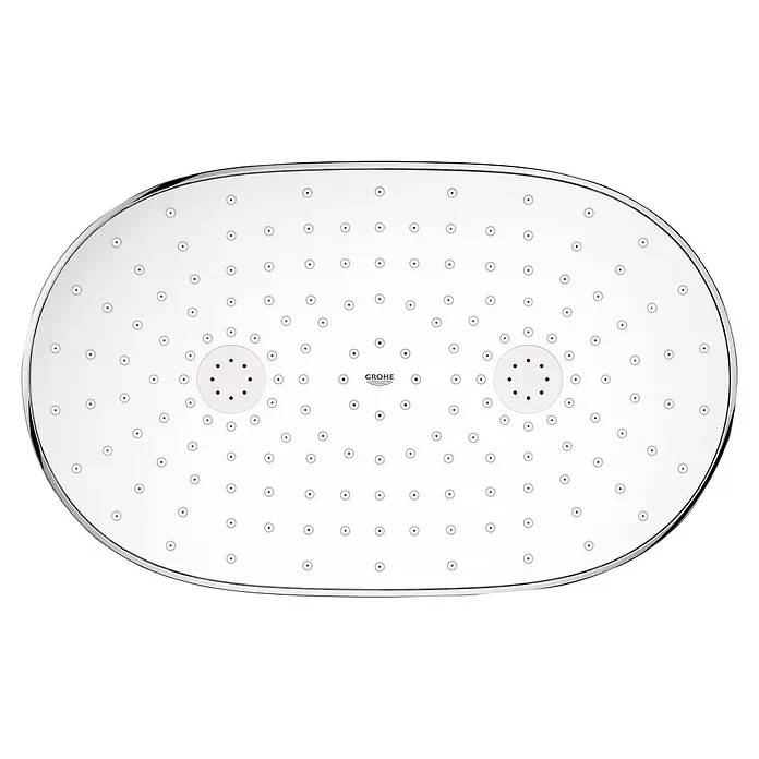 Grohe Rainshower SmartControl Sistema de ducha - Con grifería termostática, Distancia entre orificios: 100,6 cm, Número de tipos de chorro: 1 ud., Cromo, Moon White - Cabezal de ducha ovalado cromado y blanco con numerosas boquillas y dos zonas de pulverización centrales, con logo Grohe.