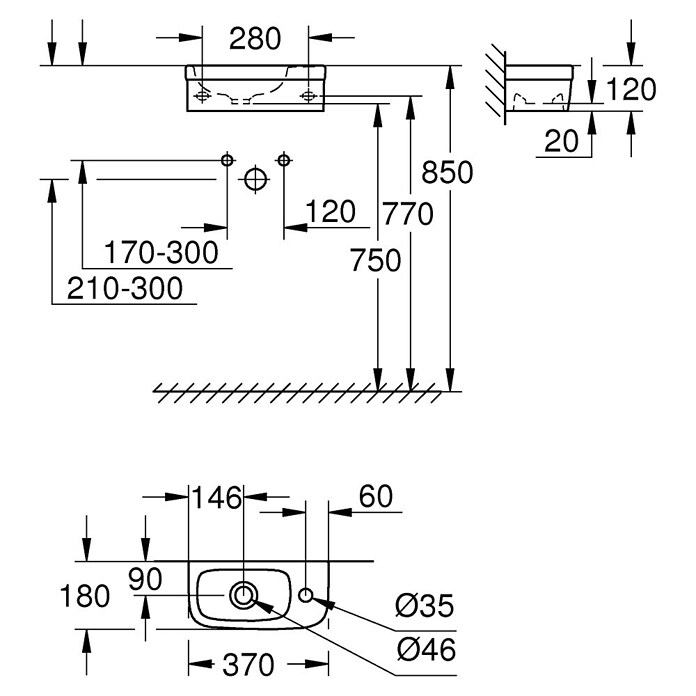 Grohe Euro Keramik Waschbecken (36,9 x 17,9 cm, Ohne Beschichtung, Keramik, Weiß)