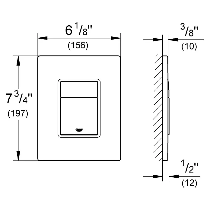 Grohe Betätigungsplatte Skate Cosmopolitan - Nickel, Spül-Stopp-System - Technische Zeichnung einer quadratischen Bedienplatte mit rechteckigem Knopf und Maßen.