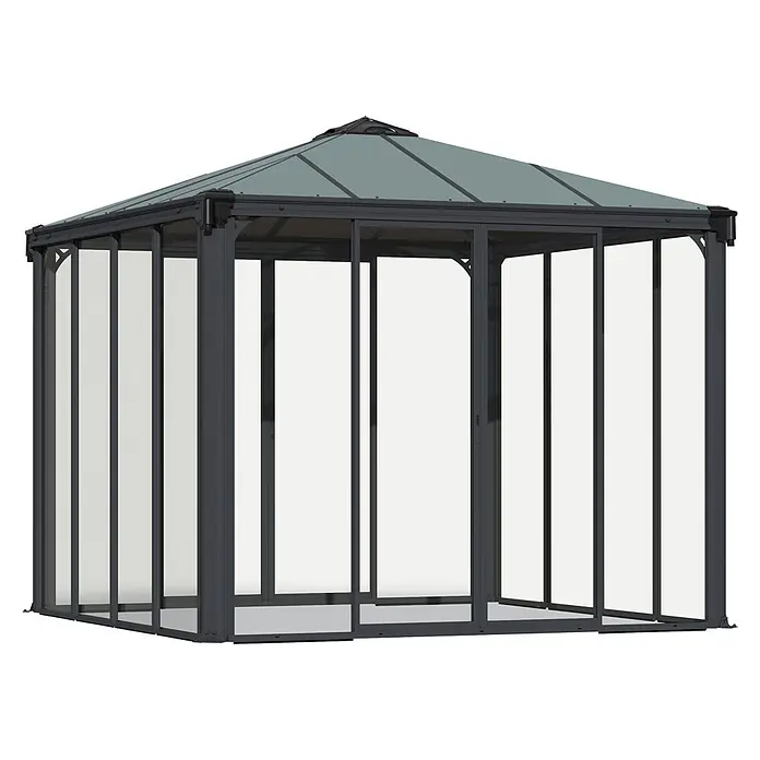 Palram – Canopia Pérgola de jardín cerrado Ledro - An x Pr: 295 x 295 cm, Color del armazón: Antracita, Aluminio - Cenador metálico gris oscuro con techo gris y paneles laterales transparentes para exterior.