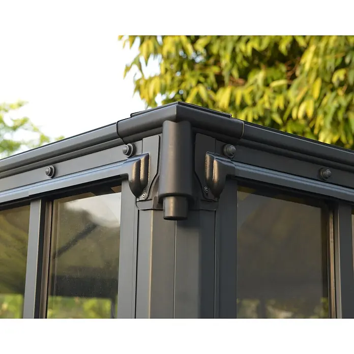 Palram – Canopia Pérgola de jardín cerrado Ledro - An x Pr: 295 x 295 cm, Color del armazón: Antracita, Aluminio - Conector de esquina gris oscuro con conexión de bajante integrada para una estructura exterior.
