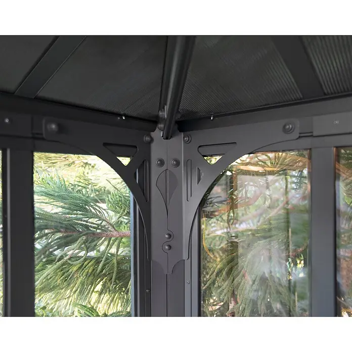 Palram – Canopia Pérgola de jardín cerrado Ledro - An x Pr: 295 x 295 cm, Color del armazón: Antracita, Aluminio - Esquina de cenador de metal gris oscuro con marco decorativo, vidrio transparente y paneles de techo texturizados.