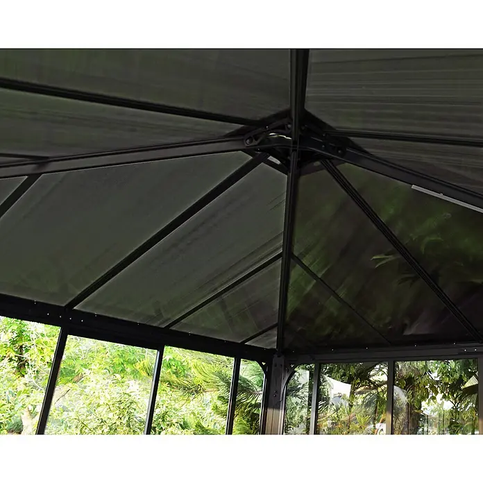 Palram – Canopia Pérgola de jardín cerrado Ledro - An x Pr: 295 x 295 cm, Color del armazón: Antracita, Aluminio - Vista interior de un techo de cenador con marco oscuro con paneles translúcidos acanalados y paredes de vidrio que dan a un jardín verde.