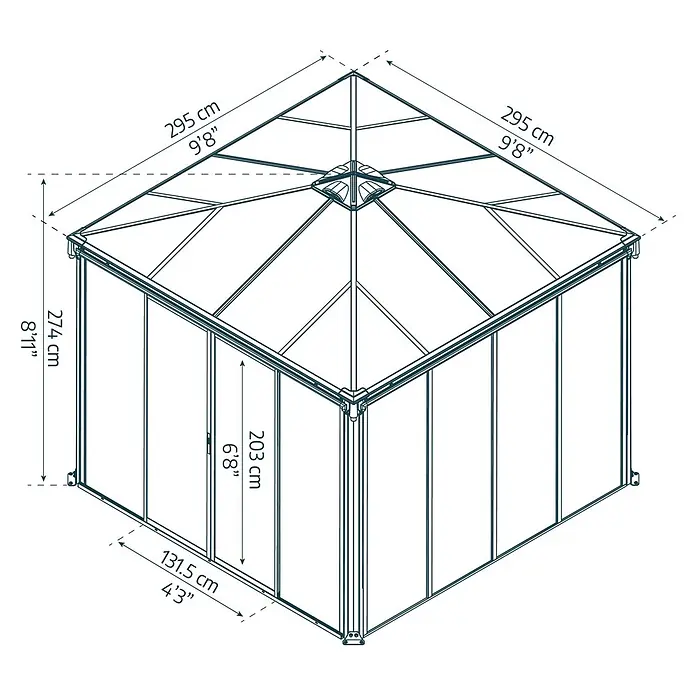 Palram – Canopia Pérgola de jardín cerrado Ledro - An x Pr: 295 x 295 cm, Color del armazón: Antracita, Aluminio - Dibujo técnico de un pabellón o cenador de jardín cuadrado con techo piramidal, mostrando dimensiones de altura, anchura y apertura de puerta.