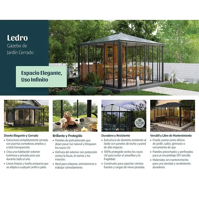 Palram – Canopia Pérgola de jardín cerrado Ledro - An x Pr: 295 x 295 cm, Color del armazón: Antracita, Aluminio - Amplio cenador de jardín cerrado con marco oscuro y paneles transparentes, utilizado como elegante espacio de vida exterior.