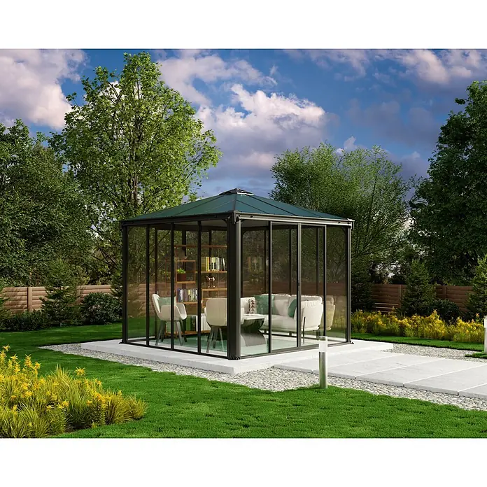 Palram – Canopia Pérgola de jardín cerrado Ledro - An x Pr: 295 x 295 cm, Color del armazón: Antracita, Aluminio - Cenador de jardín moderno con techo verde oscuro y paredes de cristal con marco negro, amueblado para la vida al aire libre.