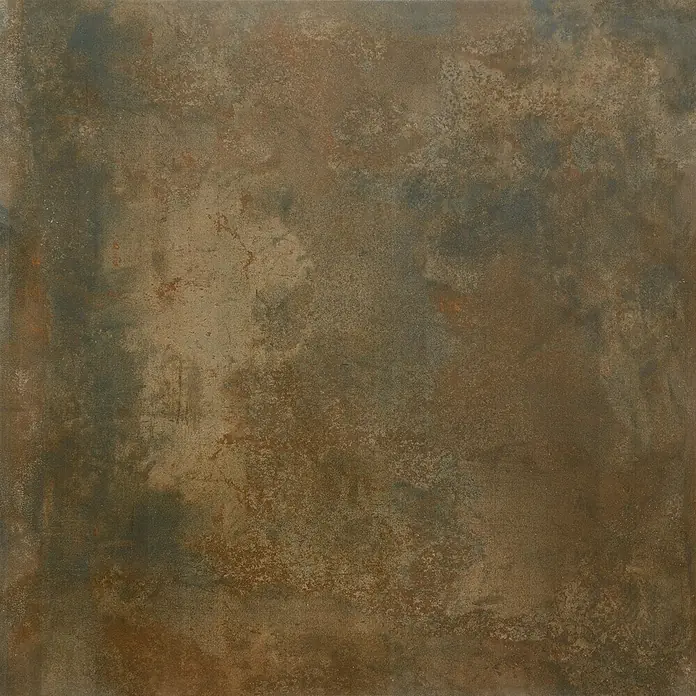 Feinsteinzeugfliese Metallique - 120 x 120 cm, Kupfer, Matt - Abgenutzte Metallfliese in Rostbraun, Grün und Blau, Industriedesign.