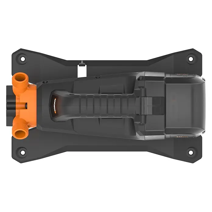 Worx PowerShare 20V Akku-Klarwasserpumpe - 20 V, Ohne Akku, Max. Fördermenge: 1.300 l/h - Dunkelgraue Pumpe mit orangen Gewindeanschlüssen und WORX-Logo, Ansicht von oben.