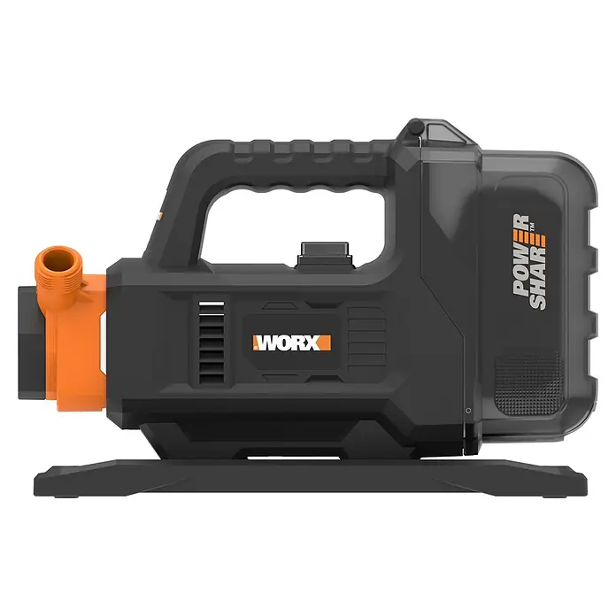 Worx PowerShare 20V Akku-Klarwasserpumpe - 20 V, Ohne Akku, Max. Fördermenge: 1.300 l/h - Dunkelgraue und orangefarbene tragbare WORX-Pumpe mit Griff und seitlicher Gewindedüse.