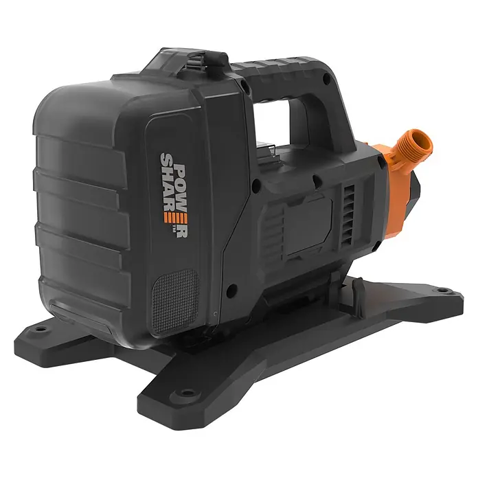 Worx PowerShare 20V Akku-Klarwasserpumpe - 20 V, Ohne Akku, Max. Fördermenge: 1.300 l/h - Dunkelgraue und orangefarbene tragbare Wasserpumpe mit integriertem Griff und Gewindeauslass auf stabilem Sockel.