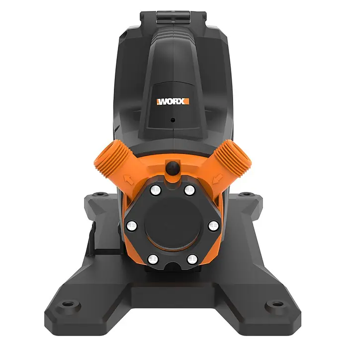Worx PowerShare 20V Akku-Klarwasserpumpe - 20 V, Ohne Akku, Max. Fördermenge: 1.300 l/h - Schwarz-orange WORX Wasserpumpe mit zwei orangefarbenen Schlauchanschlüssen mit Gewinde.