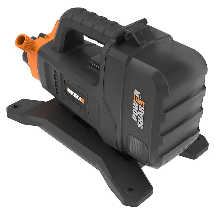 Worx PowerShare 20V Akku-Klarwasserpumpe - 20 V, Ohne Akku, Max. Fördermenge: 1.300 l/h - Schwarz-orange tragbares WORX Power Share Werkzeug mit Griff, Sockel und orangefarbener Gewindedüse.