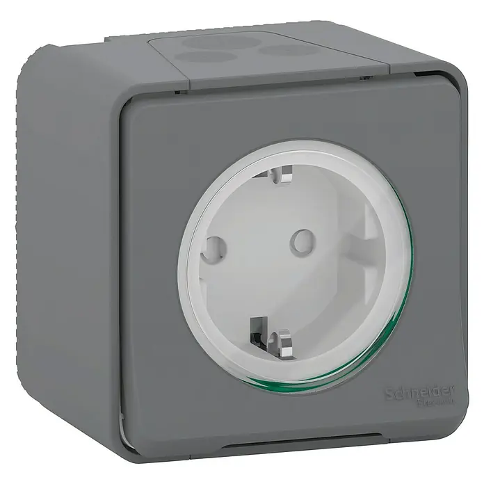 Schneider Electric Mureva Styl Enchufe - Gris, 16 A, Colocar - Primer plano de un enchufe gris de Schneider Electric con tapa abatible para uso en exteriores. Ideal para uso protegido en ambientes exteriores.