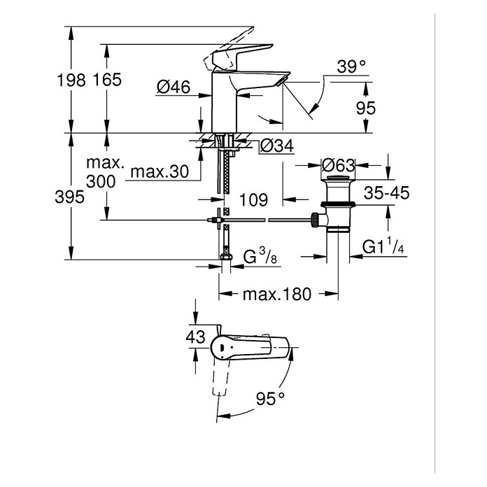 Grohe QuickFix Wastafelkraan Start (Afvoer armatuur: 109 mm, Chroom, Glanzend) | BAUHAUS