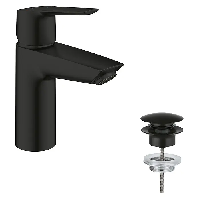 Grohe Start Waschtischarmatur S-Size - Ausladung Armatur: 109 mm, Matt, Schwarz - Mattschwarzer Badarmatur und passender schwarzer Pop-up-Ablauf.