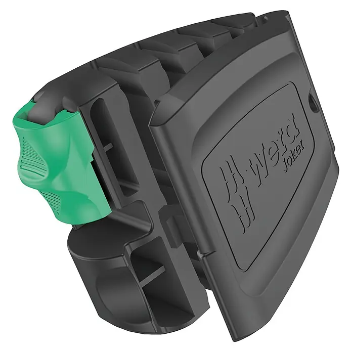 Wera Doppelmaulschlüssel-Satz 6005 JOKER - Schlüsselweite: 6 mm - 13 mm - Schwarzer Kunststoff-Werkzeughalter mit grünem flexiblen Clip und 'Wera Joker'-Logo.