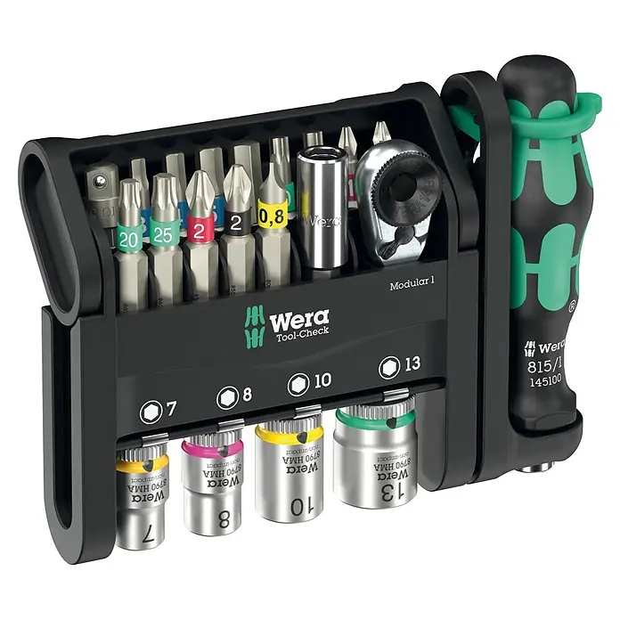 Wera Werkzeug-Set Tool-Check - 21 -tlg. - Wera Tool-Check Set in schwarzer Box mit Ratsche, Bithalter, verschiedenen Schrauberbits und Stecknüssen (7-13mm).