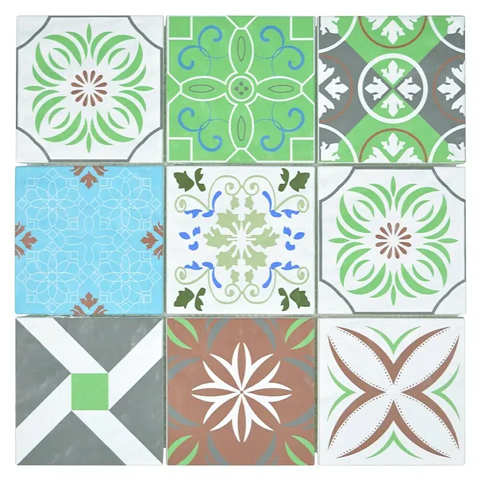 Mosaikfliese Crystal Retro XCM 8RMC99 - 30 x 30 cm, Multicolor, Matt - Fliesenmuster mit verschiedenen Designs in Grün-, Blau- und Brauntönen, ideal für eine dekorative Wand- oder Bodengestaltung.