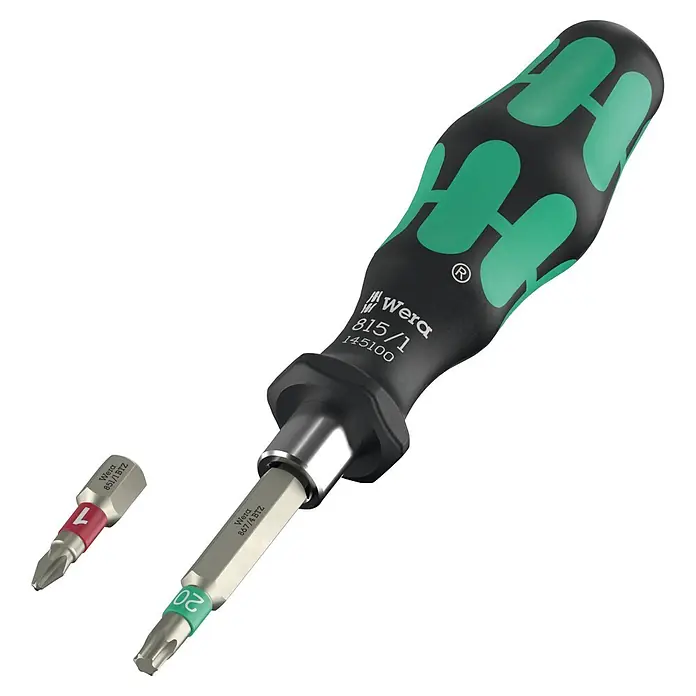 Wera Werkzeug-Set Tool-Check - 21 -tlg. - Ergonomischer Wera Schraubendrehergriff (schwarz/grün) mit zwei Wechselbits: einem Torx- und einem Phillips-Antrieb.