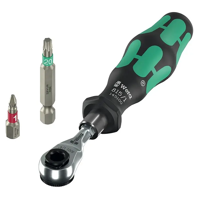 Wera Werkzeug-Set Tool-Check - 21 -tlg. - Wera Knarrenschraubendreher mit ergonomischem schwarz-grünem Griff, einem Metalleinsatz und zwei zusätzlichen Schraubendreher-Bits.