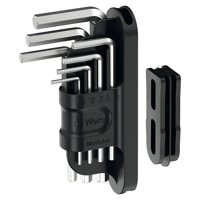 Wera Winkelschlüssel-Set Tool-Check Hex-Plus 1 - 8 -tlg. - Satz silberner Inbusschlüssel in einem schwarzen modularen Kunststoffhalter, mit einem zusätzlichen Halterteil.