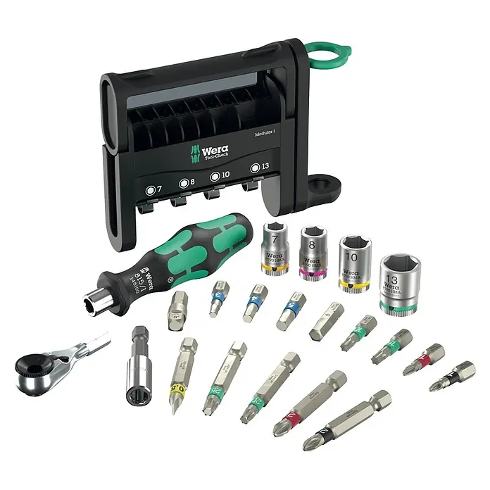 Wera Werkzeug-Set Tool-Check - 21 -tlg. - Wera Tool-Check Set mit schwarzem/grünem Griff, Ratsche, Bits (Innensechskant, Torx, Phillips) und Steckschlüsseln (7-13mm) im schwarzen Etui.
