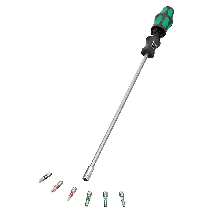 Wera Schraubendreher-Set Kompakt 27 - 7 -tlg. - Wera Schraubendreher mit grün-schwarzem Griff, langem Metallschaft und verschiedenen austauschbaren Metallbits.